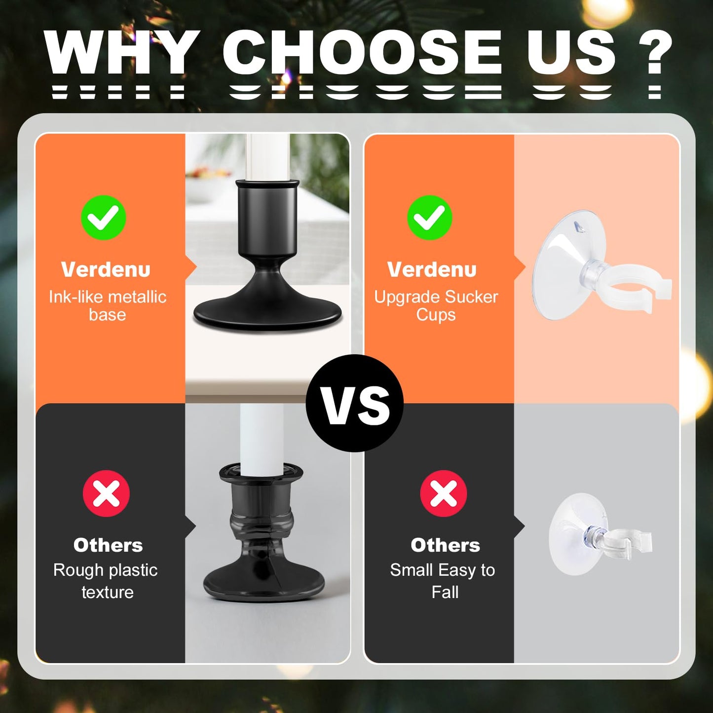 Verdenu 2 Pack Christmas Window Candles with Mental Holder, Battery Operated Flameless Taper with Timer Remote, LED Candles with Suction Cups for Christmas Decorations, Black