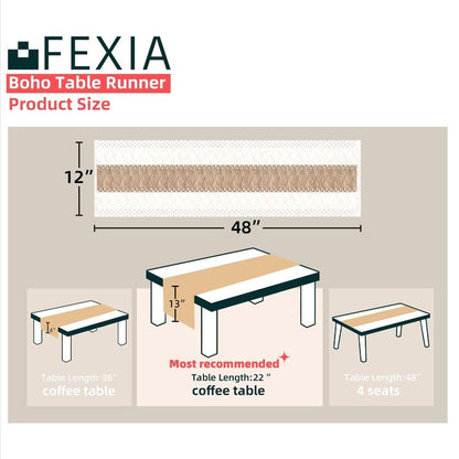 FEXIA Boho Table Runner for Thanksgiving Home Decor 48 Inches Long Farmhouse Rustic Table Runner Cream & Brown Macrame(Without Tassel) for Dining Bedroom Decor Rustic Bridal Shower (12x48 Inches)