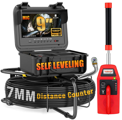 Self-Leveling Sewer Camera with 512Hz Locator, Distance Counter, 7mm Semi-Rigid Cable, 9 Inch 1080P IPS Screen, 23mm Waterproof Pipe Inspection Camera (200ft/60m)