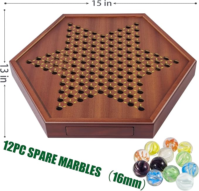 VAMSLOVE Chinese Checkers 15 Large Upgraded Version Wooden Game Board 16mm 60+12 Colorful Glass Marbles Easy Grasping for Adults and Kids w/Storage Drawer Fun for Family Gathering