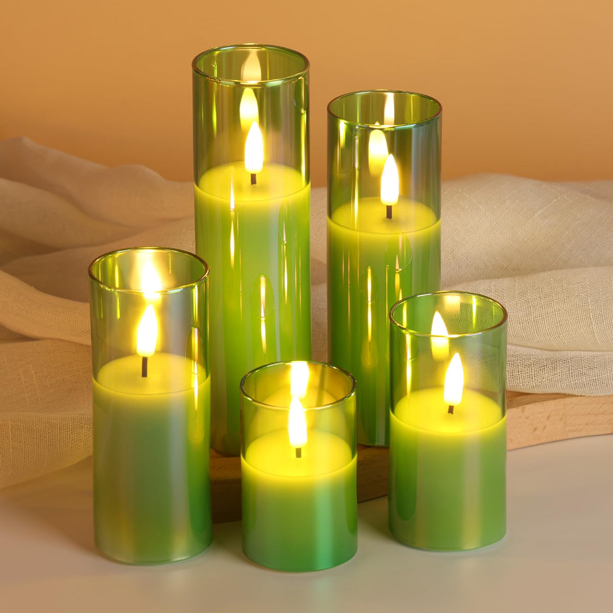 Girimax Green Glass Flameless Pillar Candles with Remote Batteries, Flickering Slim Tall LED Wax Candles Set of 5