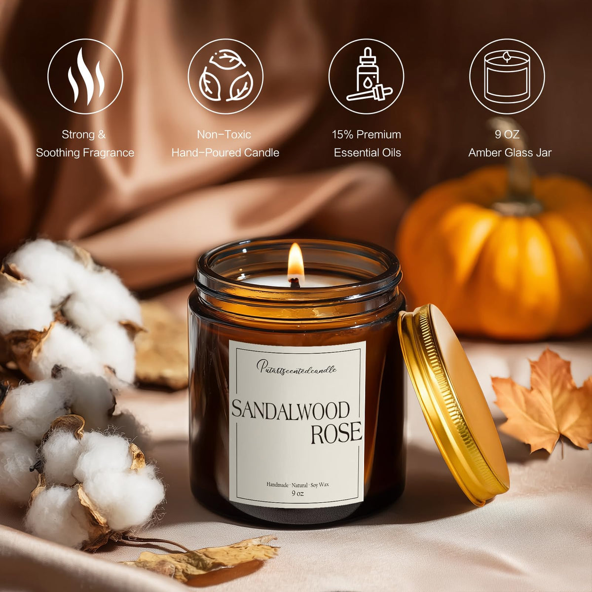 Putart Sandalwood & Rose Scented Candles for Home, Natural Soy Wax Aromatherapy Santal Rose Candle Gifts for Men & Women, Highly Scented & Long Lasting Non Toxic Jar Candle for Stress Relief (9oz)