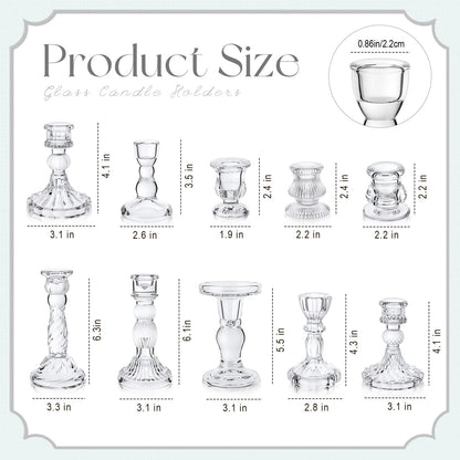 Mumufy 20 Sets Glass Crystal Taper Candle Holders Stand Centerpiece Bulk with 10 in Taper Candles Sticks Clear Decorations Table Wedding Dining Party (Transparent)