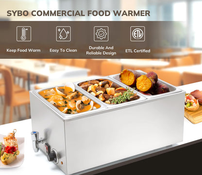 SYBO Commercial Food Warmer Steam Table Buffet Server, Stainless Steel Bain Marie for Catering & Restaurants, Electric Food Warmer for Parties Buffet, 3 Pan Sections with Tap, Silver