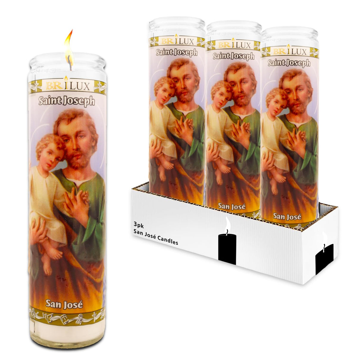 3 Pack San Jose 8" White Religious Candles - Bundle with 3 Glass Saint Joseph Devotional Candles for Vigils, Prayer, Blessing Ceremonies | Unscented Devotional Candles
