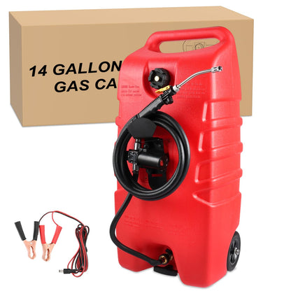 GOOACC 14 Gallon Fuel Caddy, Portable Fuel Transfer Tank with 12V DC Electric Pump, Heavy-Duty Empty Gasoline/Diesel Storage Container with Wheels and 10FT Hose for Motorcycles Boats Lawn Mowers, Red