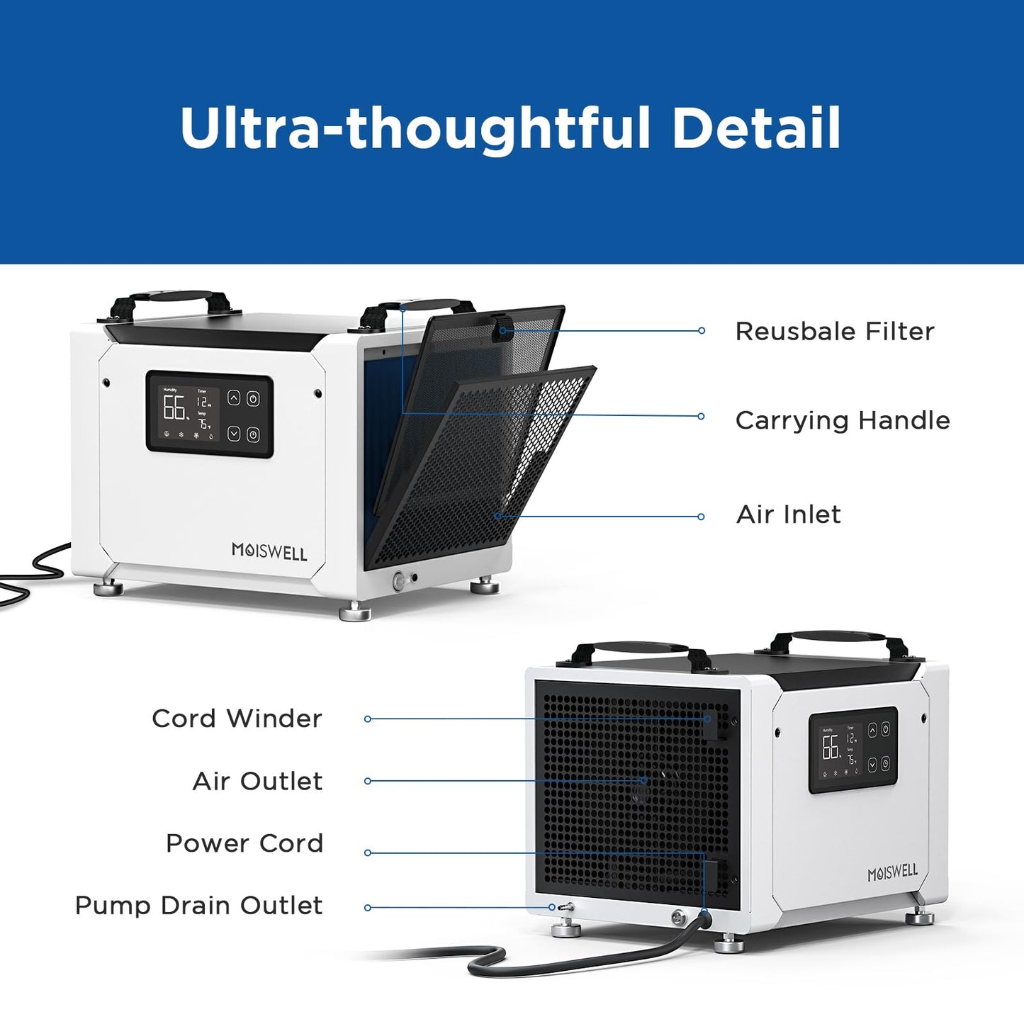 Moiswell 70 Pints Commercial Dehumidifier with Pump, Portable Crawl Space Dehumidifiers for Basement and Home, Energy Star Efficient Certified, Automatic Defrost | MOISWELL Defender ME-7S