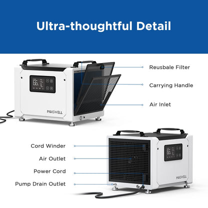 Moiswell 70 Pints Commercial Dehumidifier with Pump, Portable Crawl Space Dehumidifiers for Basement and Home, Energy Star Efficient Certified, Automatic Defrost | MOISWELL Defender ME-7S