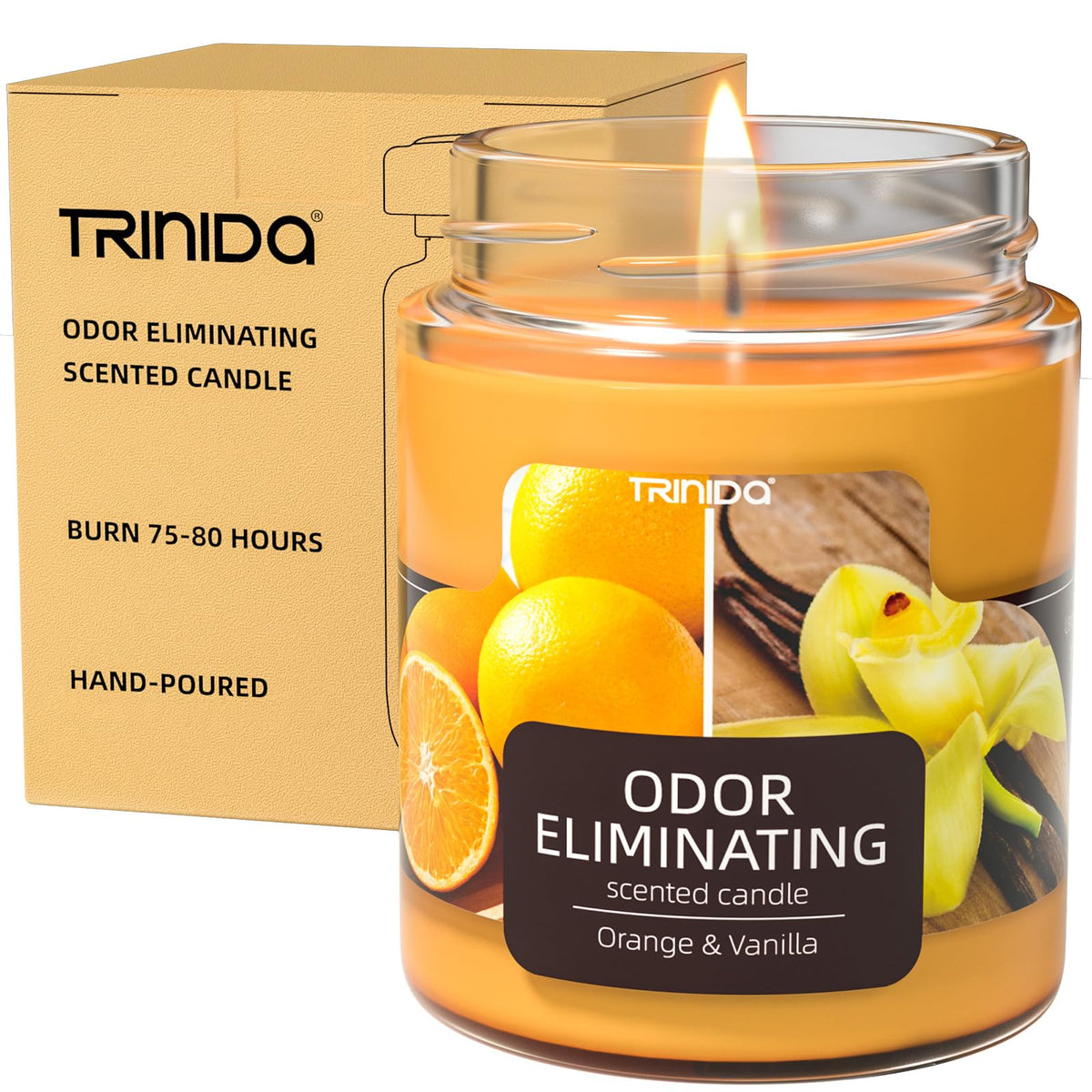 TRINIDa Orange & Vanilla Odor Eliminating Candles for Home Scented, Eliminates 99% of Pet, Smoke, Food and Other Smells Quickly, Highly Fragranced Candle, Premium Soy Candles Set for Women