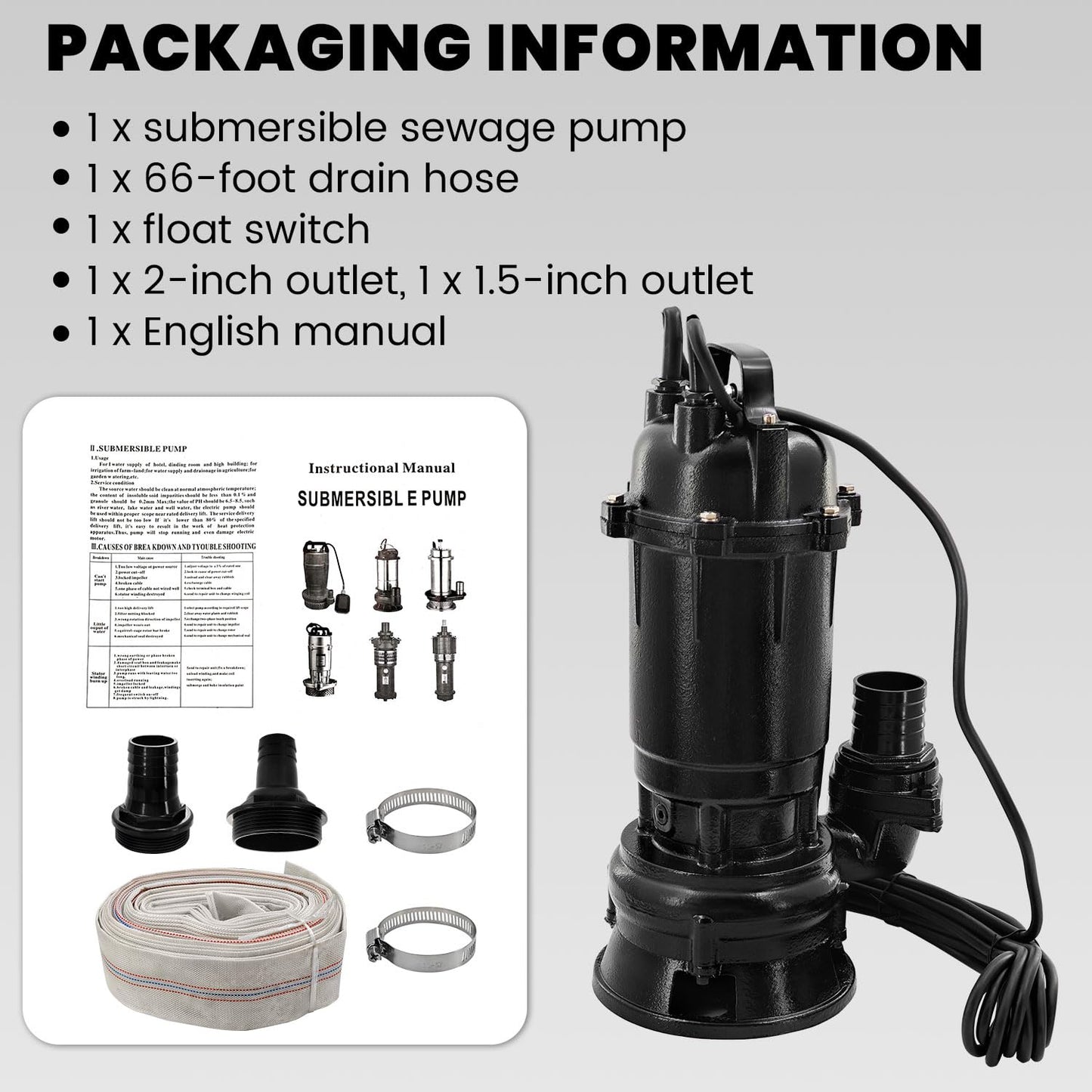 Yutmatin 2HP 110V Submersible Sump Pump, 6498GPH Cast Iron Sewage/Effluent Pump 1500W with 66ft Hose and Automatic Float Switch, for Basement Sump and Sewage Well, 2 inch Discharge