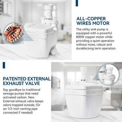 Upgraded 1 HP Utility Sink Pump with PCB Function Upflush to 36FT 2200GPH Under Sink Pump with 3 Water Inlets 1 Outlets Macerating Toilet System for Sink Shower Wash Bin Urinal Kitchen Basement