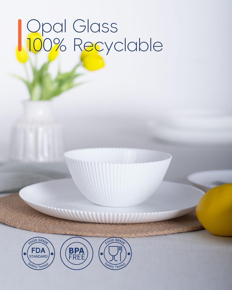 LaGlint 20 OZ Max White Opal Glass Cereal Bowl Set of 6, 6 inch Dishwasher & Microwave Safe Round Ribbed Bowls for Kitchen, Salad, Soup and Rice