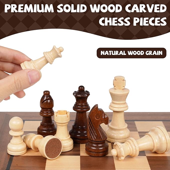 2 in 1 Magnetic Wooden Chess and Checkers Board Game Set 12 Folding Chess Boards Portable Travel Chess Sets with Pieces Storage Slots Beginner Chess Game Set for Kids and Adults