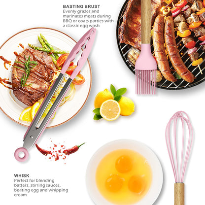 Silicone Kitchen Utensils Set - 446°F Heat Resistant Cooking Utensil Sets, Spatula,Turner,Tongs,Spoon,Brush,Whisk, Wooden Handle Silicone Kitchen Gadgets Tools for Non-Stick Cookware BPA Free (Pink)