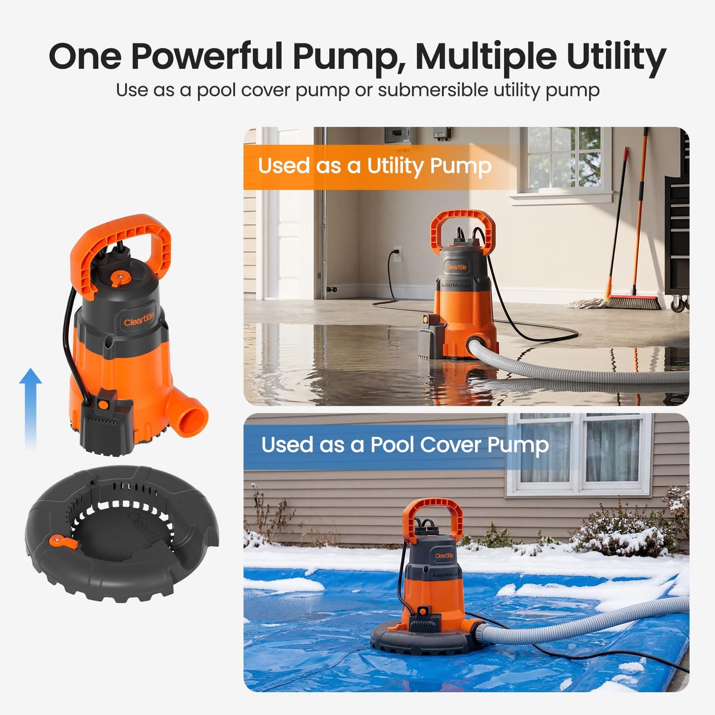Cleartide Smart Automatic Water Pool Cover Pump, Submersible Pump Removes Water from Inground/Above Ground Winter Swimming Pools, 1/4 HP 2160 GPH, Auto On/Off & Freeze Protection, 25ft Cord, 120V AC