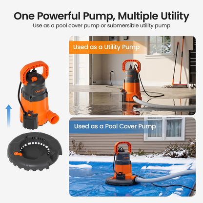 Cleartide Smart Automatic Water Pool Cover Pump, Submersible Pump Removes Water from Inground/Above Ground Winter Swimming Pools, 1/4 HP 2160 GPH, Auto On/Off & Freeze Protection, 25ft Cord, 120V AC