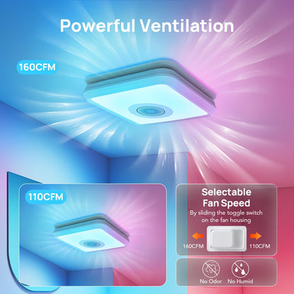 Consciot 160CFM Bathroom Exhaust Fan with Light and Bluetooth Speaker, 7 RGB Light & Music Sync Mode, 1500Lm 3000K/4000K/5000K Light, Nightlight, Remote Control, Quiet 1.0 Sone, for Large Room