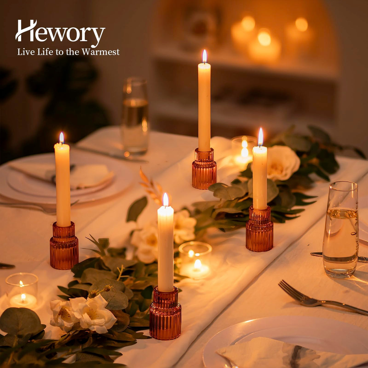 Hewory Glass Taper Candle Holders: 2PCS Amber Elegant Candle Holder Candlestick Holders Bulk, Ribbed Glass Candle Holder Candle Sticks Holder Decor for Table Centerpiece Fall Thanksgiving Home Decor