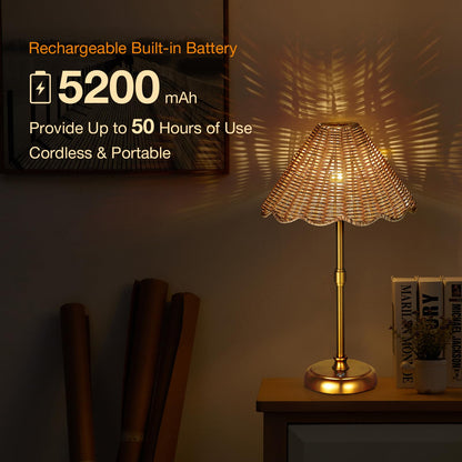 Folux Cordless Boho Rattan Table lamp, 5200-mAh Rechargeable Battery, 3-level Brightness Dimmable, Build-in Integrated LED 320 Lumen Max, Rattan Shade, for Bedside Restaurant Resort Hotel Dining Table