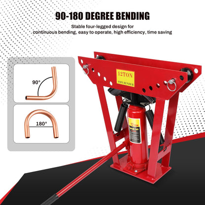12 Ton Hydraulic Pipe Bender, Manual Copper Tubing Bender with 6 Dies (1/2",3/4",1",1-1/4",1-1/2",2"), 90°-180° Adjustable Rollers for Steel Iron Metal Ratcheting