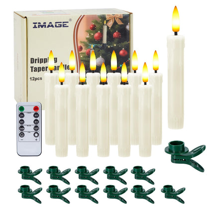 IMAGE 12Pcs LED Taper Candles Light Set 5.3 inches Dripping Flameless 3D Wick Ivory Candles with Clip-on Christmas Tree Design, 10-Key Remote with Timer, Warm White Light Battery Operated for Decor