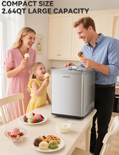 COUPLUX 2.64 Qt Ice Cream Maker, Upgraded Fastest 250W Compressor Fully Automatic Ice Cream Machine with No Pre-Freezing, 2H Keep Cool, LCD Display & Timer, All Stainless Steel
