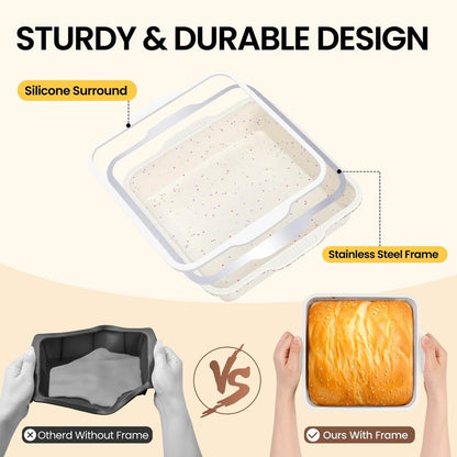 Vinino 8 x 8 Inch Silicone Square Brownie Cake Pan with Metal Reinforced Frame Set of 2, Nonstick Silicone Brownie Pans BPA Free Suitable for Making Cakes, Brownies, Bread
