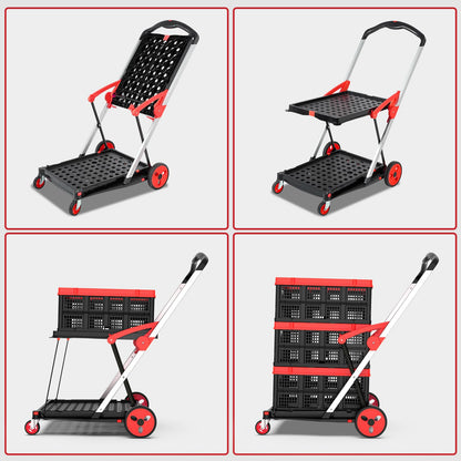 TOLRET Collapsible Shopping Cart with Wheels, 200 lbs Capacity Grocery Cart on Wheels with Storage Crate, Platform Hand Truck with Foot Brake, Red