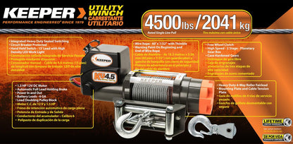 KEEPER KU4.5 12V DC 4500lb Utility Winch, Heavy-Duty Electric Winch with Integrated Sealed Solenoids, Handheld Remote Control, Durable Wire Rope, Weather-Resistant for Trucks, ATVs, and UTVs