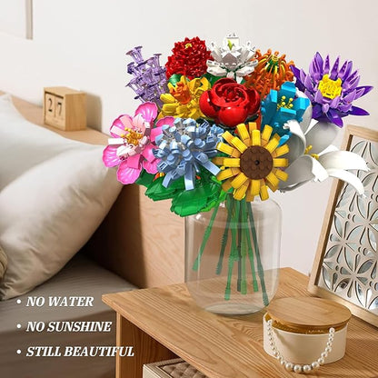 Flowers Bouquet Building Set - 12 Kinds of Flowers Botanical Collection and Decorative Home for Mother's Day Birthdays Gifts Ideal for 6+ Women Girls Adults No Vase