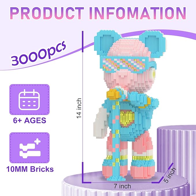 Bear Building Blocks with Organizer Bins (3000PCS) Fluorescent Bricks &amp Stroage Drawer Gift for Adults &amp Kids Ideal for Home &amp Office Decor QR Code User Manual 8882