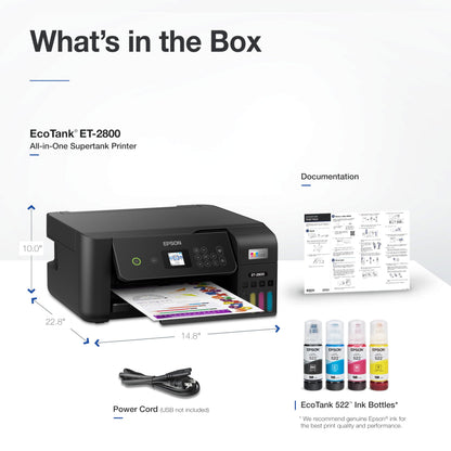 Epson EcoTank ET-2800 Wireless Color All-in-One Cartridge-Free Supertank with Scan and Copy, The Ideal Basic Home Printer - Black