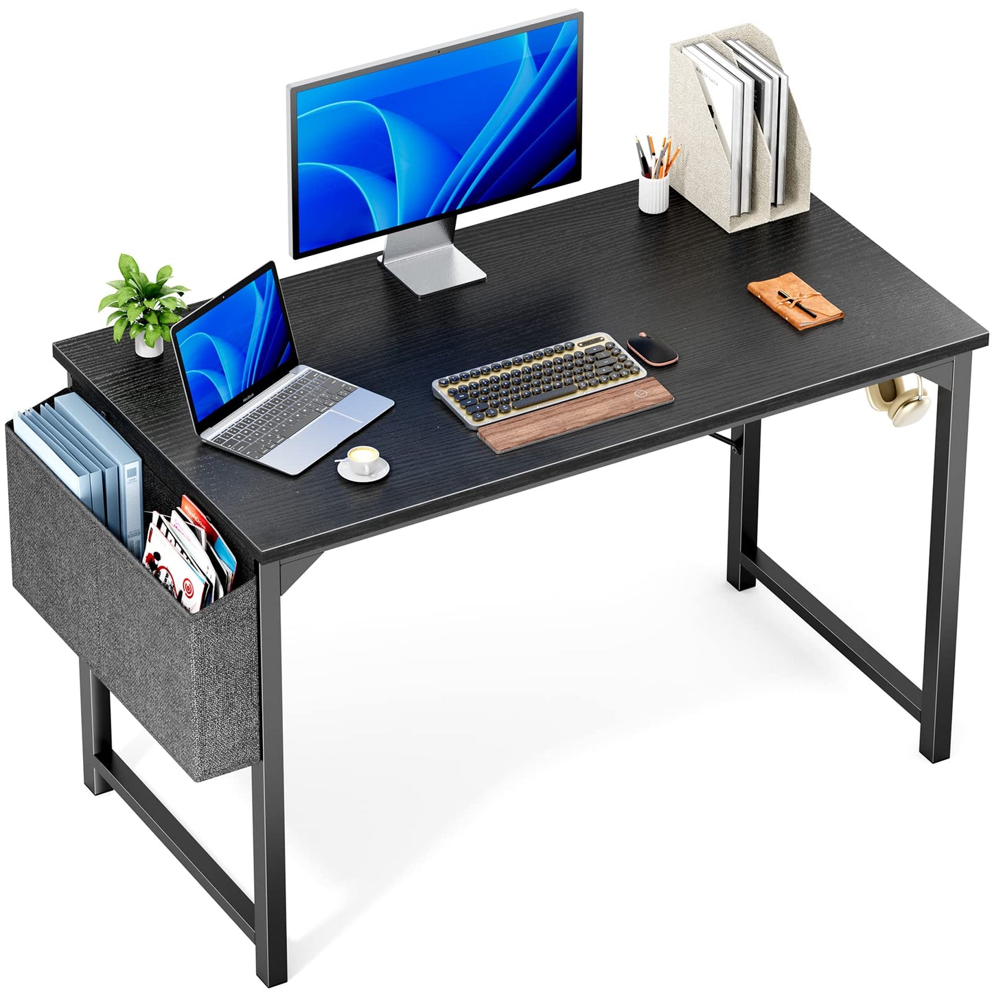 OLIXIS Computer Office Desk, 48 Inch Writing Work Study PC Wood Modern Desk with Storage Bag & Headphone Hook Simple Bedroom for 2 Person Kids Student Table, Black