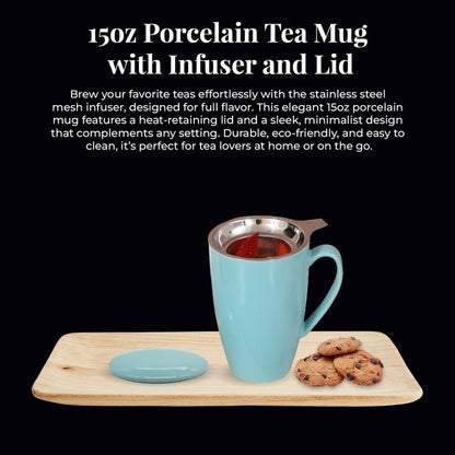 Furmaware PorcelainTea Mug, 15oz Ceramic Tea Infuser Cup with Cooling Handle & Strainer, Microwave and Dishwasher safe Steeping Cup for Tea lovers, Christmas, Birthday and Mother’s Day (Turquoise)