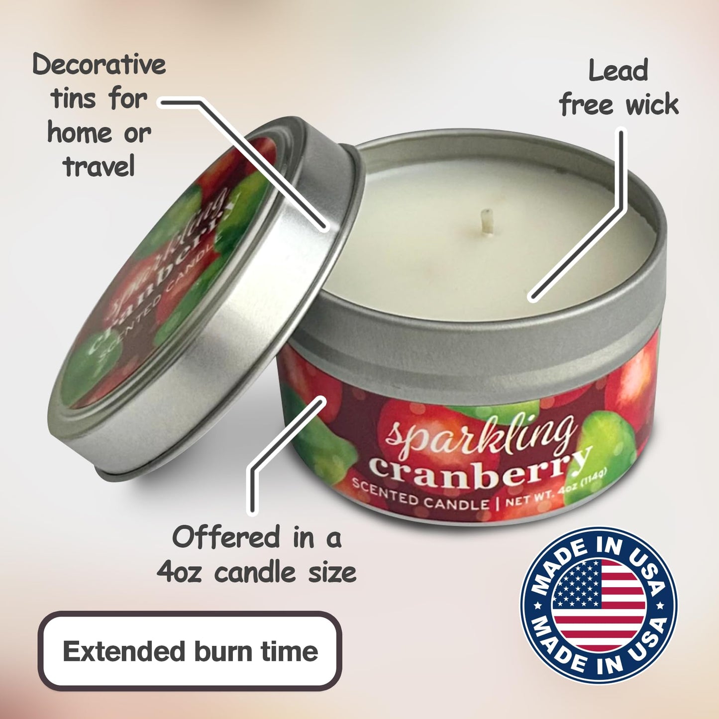 Greenwich Bay Hand-Poured Scented Candle in Decorative Tin – 4 oz/114 g Travel Candle with Lead-Free Wick, Vegetable Wax, Aromatherapy Gift, Single Wick – Made in USA (Sparkling Cranberry)