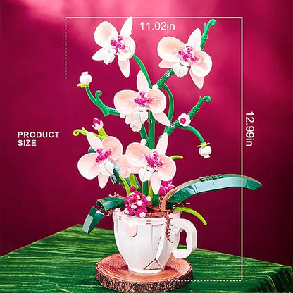 Pink Orchid Flower Building Set for Adults Coffee Cup Orchid Botanical Collection Plant Building Kit Home and Office Decor Gift for Christmas Day Valentines Birthday 567pcs