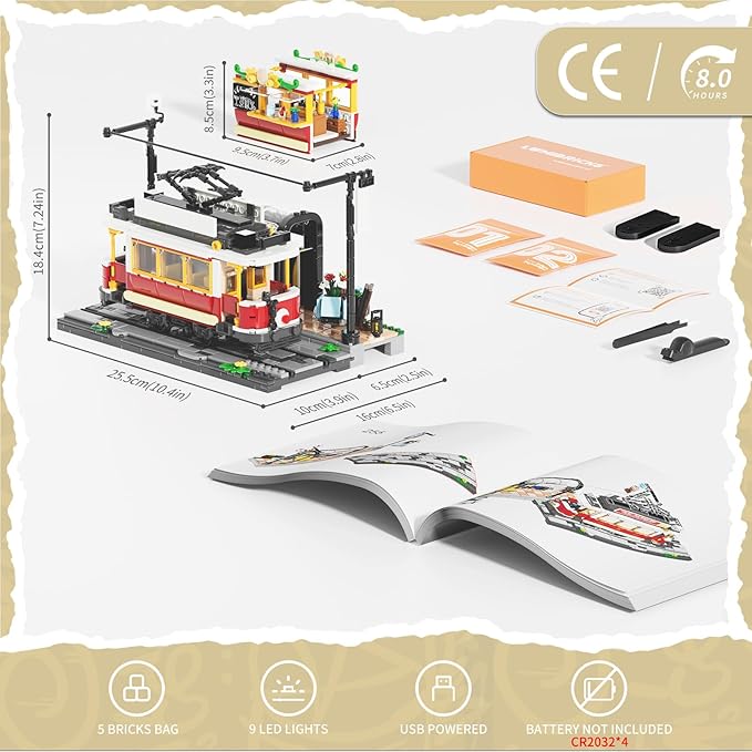 Heritage Tram and Station Lighting Building-Bricks Set - 1274 Pcs City Streetcar Modular Collection Old Town Downtown Display Model for Adults &amp Teens &amp Tram Enthusiasts