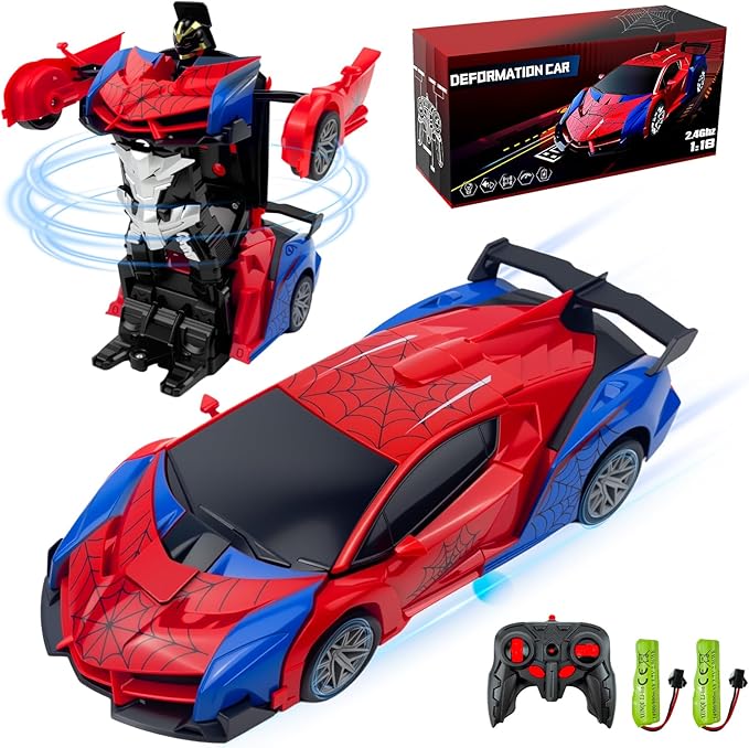 Spider Remote Control Car Toy for Boys 2.4Ghz RC Transform Robot 1:18 Scale One-Button Deformation 360°Rotation Car with Underbody Lights Gifts for Boys Ages 3 4 5 6 7 8 9 10 11 12