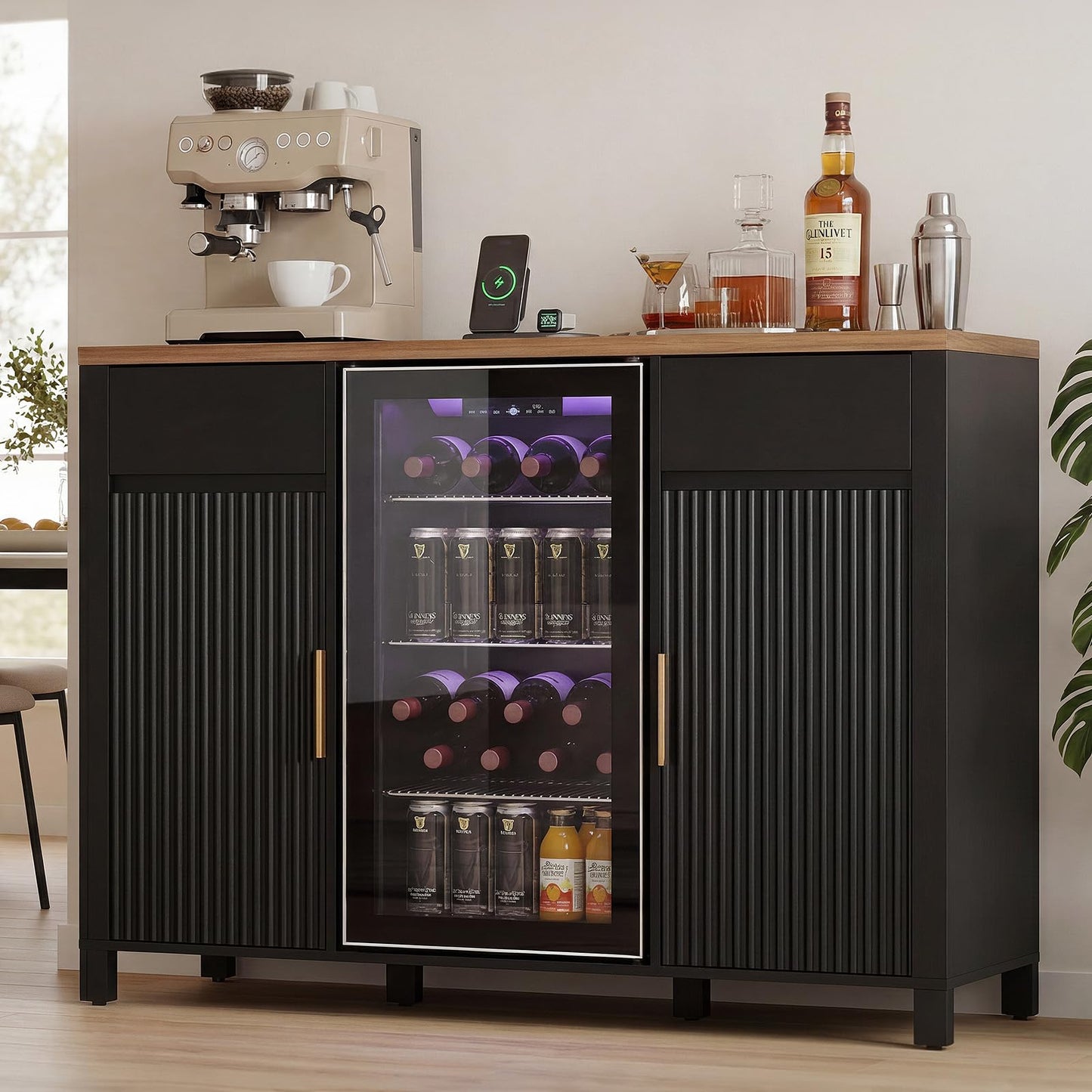 Garvee 53" Fluted Coffee Bar with Mini Fridge Space & Charging Station, Fits 19.7" Mini Fridge, Fridge Cabinet with Wine Storage, Buffet Sideboard with Wine Rack and Storage for Dining Room, Black