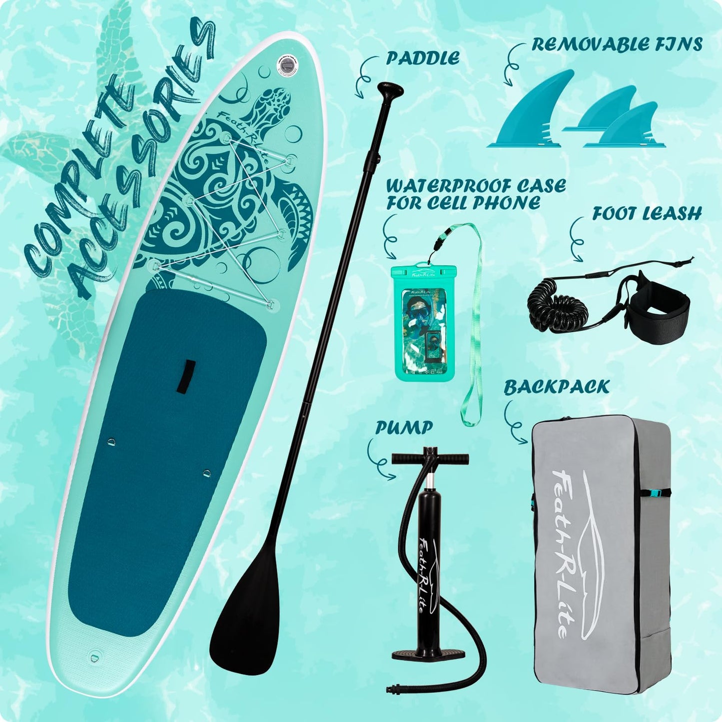 FEATH-R-LITE Inflatable Paddle Board Stand Up Paddleboards for Adults SUP with Complete Premium Accessories Pump, Adjustable Paddle, Leash, Three Fins, Waterproof Phone Bag, Repair Kit, Backpack