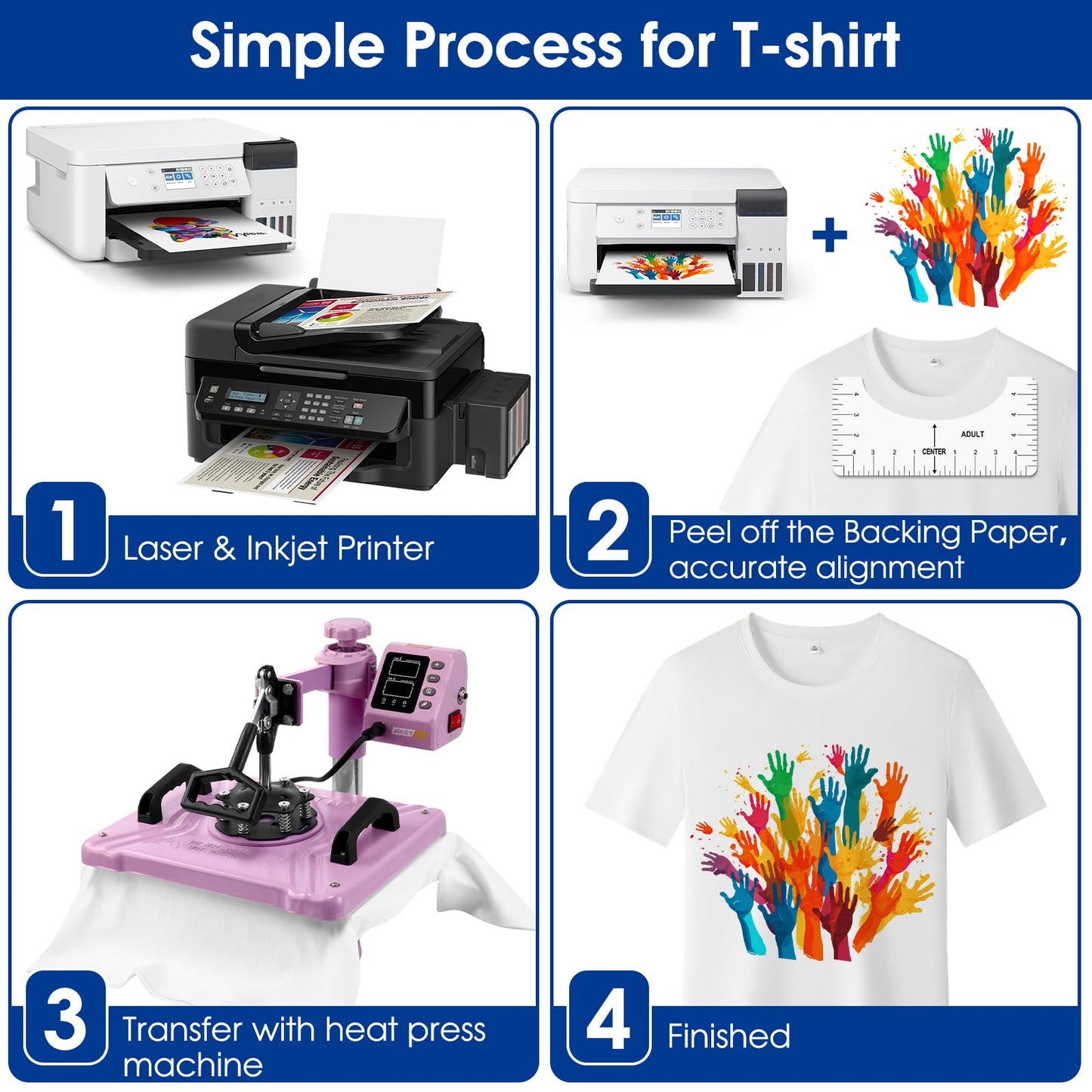 5 in 1 Heat Press Machine 12''x15'' (Purple) + Heat Transfer Paper for Dark T Shirts (10 Sheets) 8.5''x11'', Easy to Use for T-Shirts, Hats, Caps, Mugs, Plates, 360 Degree Swing Away Heat Transfer