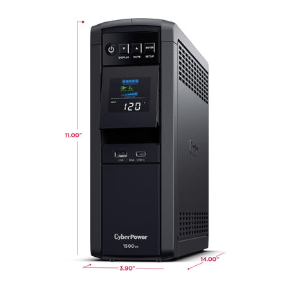 CyberPower CP1500PFCLCDTAA PFC Sinewave UPS System, 1500VA/1000W, 12 Outlets, AVR, Mini Tower, TAA Certified, Black