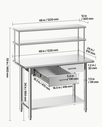 VEVOR Stainless Steel Work Table, 24x48 Inch Food Prep Table with Overshelves and 2 Drawers, Commercial Kitchen Workstation with Adjustable Undershelf, Metal Utility Worktable, for Restaurant Garage