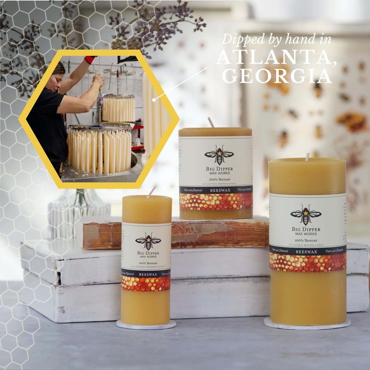 Big Dipper Wax Works 100% Pure Beeswax Pillar Candles (1 Pack) – 3" x 6" Handmade in USA, Long Burning Clean Soot-Free, Natural Honey Aroma, Eco-Friendly Cotton Wick, Home Décor & Meditation