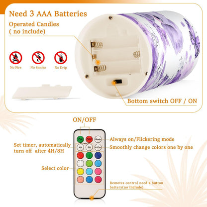 WEVIBOFU Purple Elephant Butterfly Flower Flickering Flameless Candles LED Battery Operated with Remote Timer Pillar Candles for Home Birthday Wedding Christmas Decor, Set of 2
