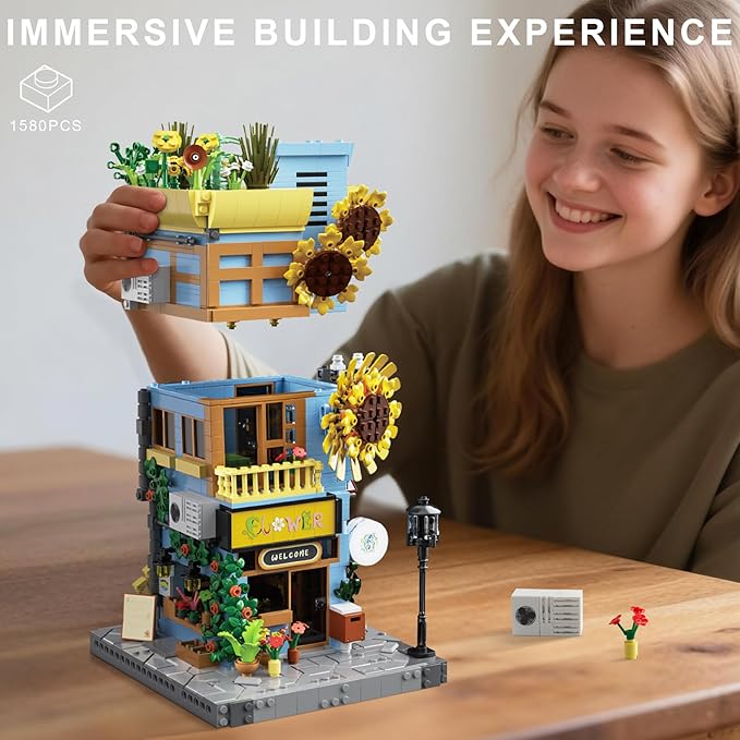 Sunflower House Building Set with LED Light 3-Story Japanese Street View House Blocks 1580PCS Creator Architecture Model Building Kit Home Office Decor Gift for Adults