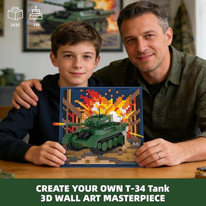 Military Tank 3D Wall Art Micro Mini Building Blocks Set WW2 T-34 Tank Collection Display Model &amp Wall Decor No Compatible with Lego Great Army Vehicle Toy Gift for Adults Teens 14+ (1430 PCS)