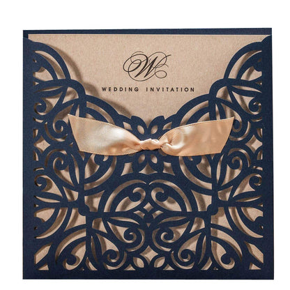 WISHMADE Jofanza 5.9x5.9 Inch 50PCS Navy Blue Laser Cut Wedding Invitation Cards with Bowknot and Envelopes Kraft Paper Blank invitation for Wedding Engagement Party Invite
