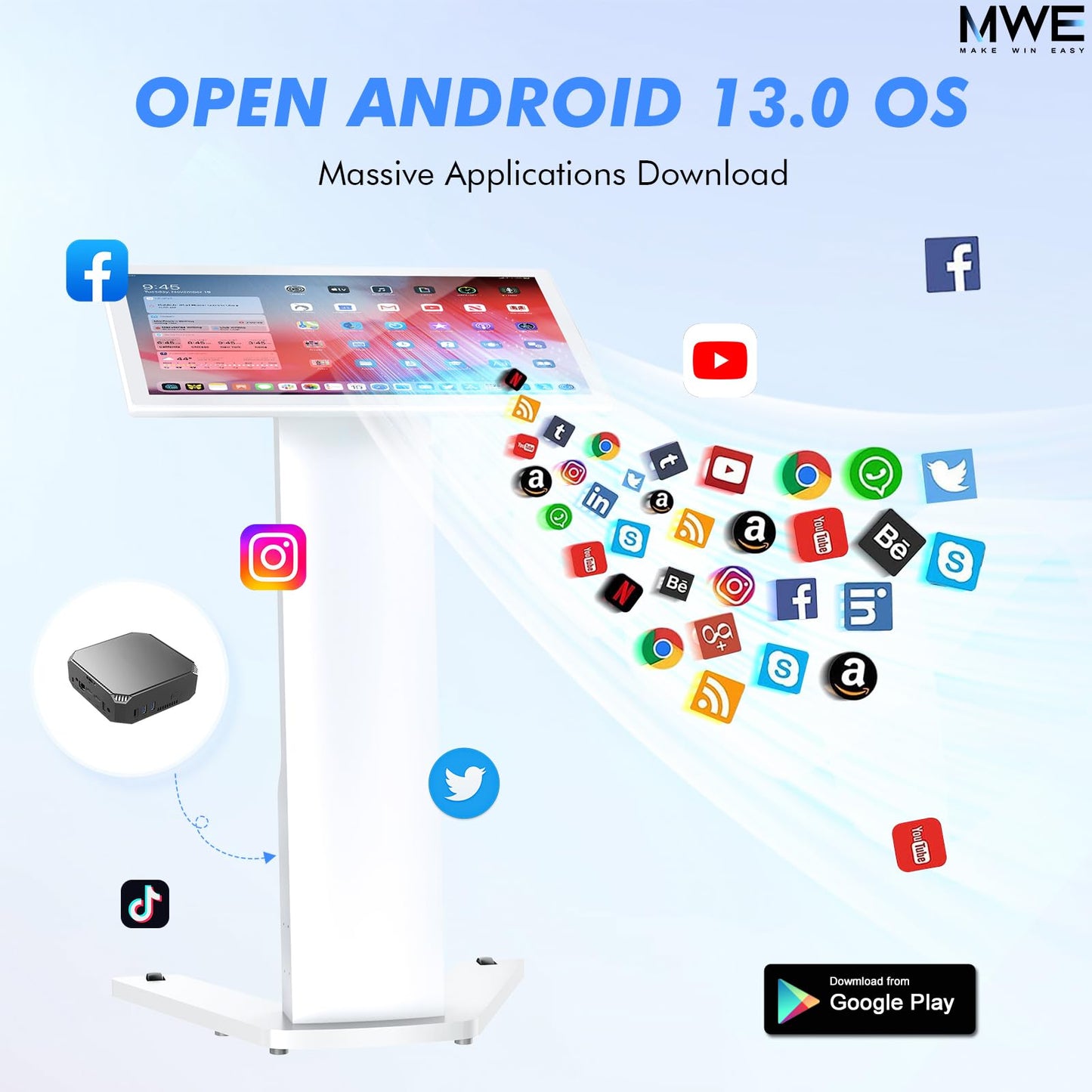 MWE 21.5 Inch Touch-screen Self Service Kiosk, Floor Standing Digital Signage Display, FHD Information Kiosk, 2 Speakers, Interactive Display for Mall Navigation/Self-Ordering/Advertising/Retail Store
