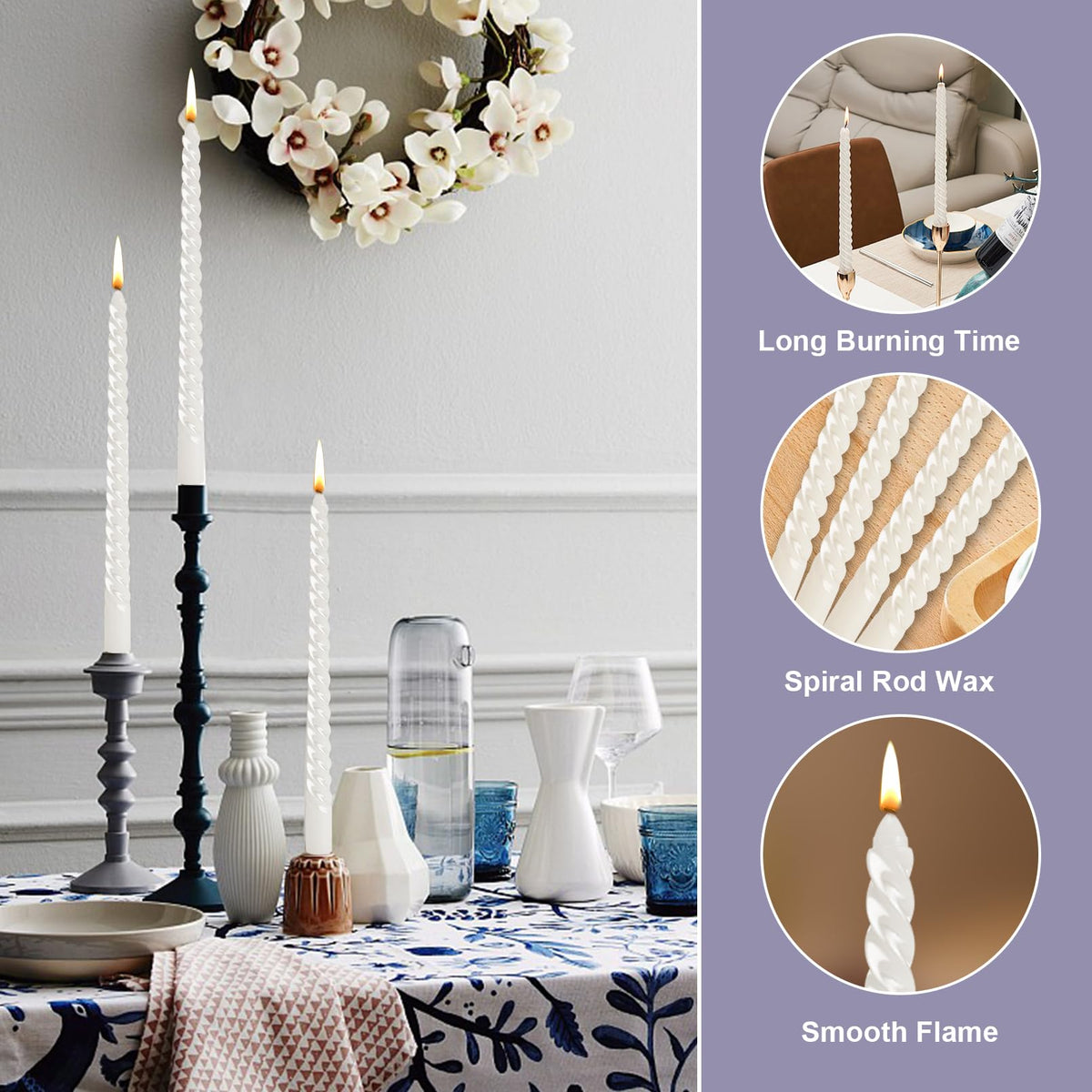 Loccmat 12 Pcs Spiral Taper Candles,s,10 Inch Unscented Tapered Candles Dripless Spiral Candlesticks,Long Candle Sticks White Taper Candles,White Twisted Candles for Dinner,Wedding,Party,Home Decor